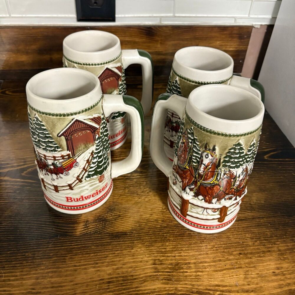 Budweiser Beer Christmas 1984 Stein Mugs‎ Set Of 4